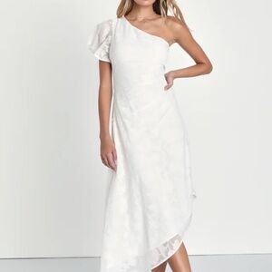 Lulus Radiant Intentions White Floral Pleated One-Shoulder Midi Dress